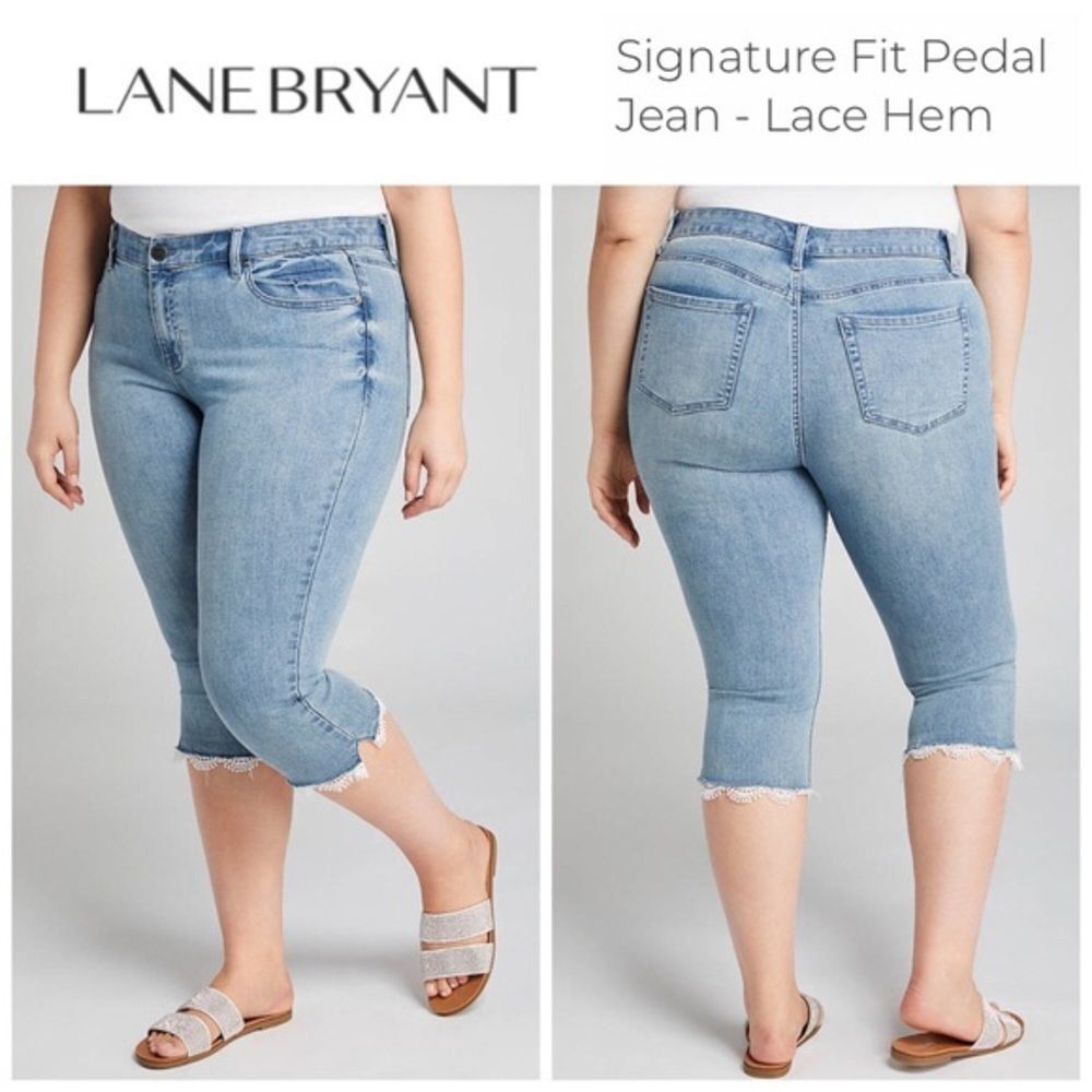 LANE BRYANT SIGNATURE FIT MID RISE ACID WASH LACE HEM PEDAL JEANS
